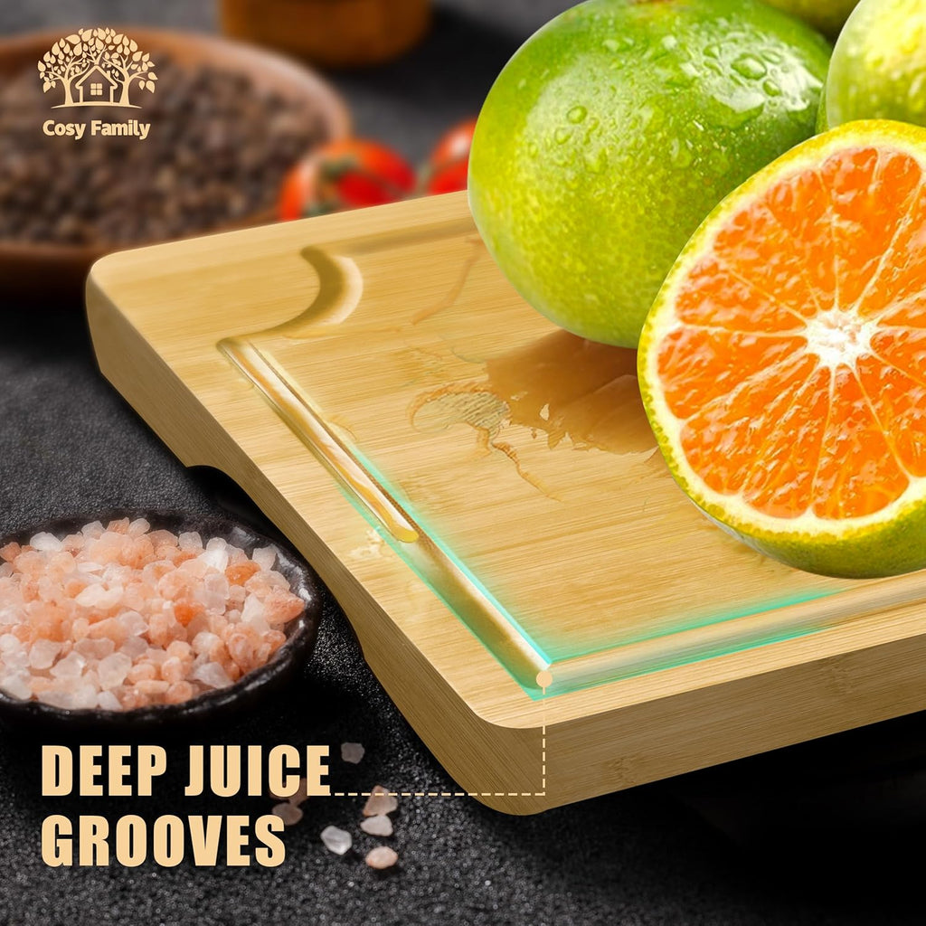 Cosy Family Wood Cutting Boards for Kitchen - Set of 4 - Bamboo Cutting Boards with Juice Groove, Serving Board Set, Thick Chopping Board for Meat, Veggies, Easy to clean - Grand Goldman
