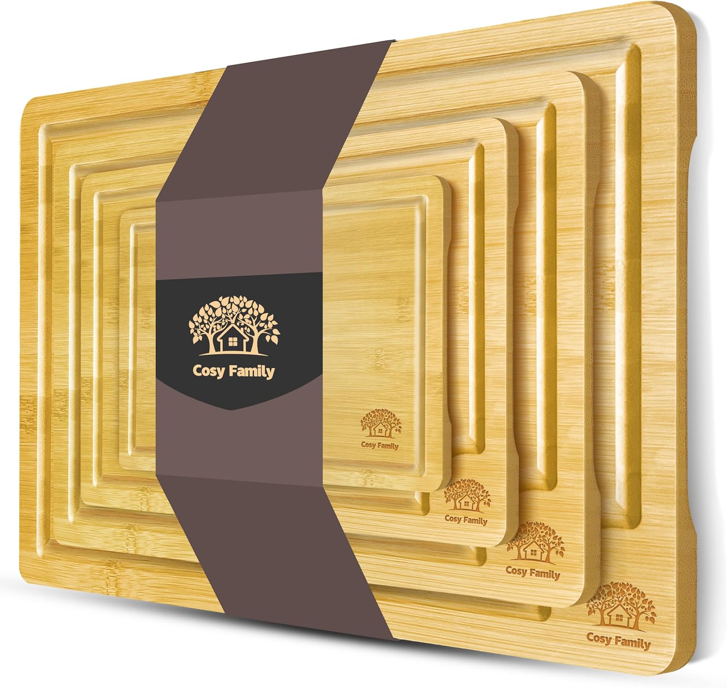 Cosy Family Wood Cutting Boards for Kitchen - Set of 4 - Bamboo Cutting Boards with Juice Groove, Serving Board Set, Thick Chopping Board for Meat, Veggies, Easy to clean - Grand Goldman
