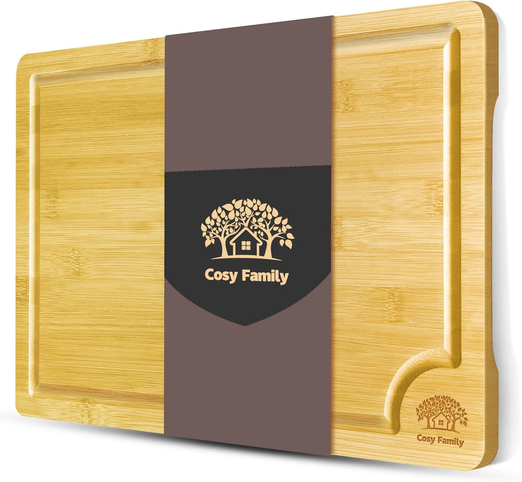 Cosy Family Wood Cutting Boards for Kitchen - Set of 4 - Bamboo Cutting Boards with Juice Groove, Serving Board Set, Thick Chopping Board for Meat, Veggies, Easy to clean - Grand Goldman