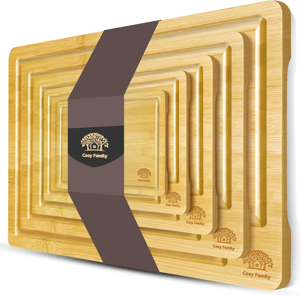 Cosy Family Wood Cutting Boards for Kitchen - Set of 4 - Bamboo Cutting Boards with Juice Groove, Serving Board Set, Thick Chopping Board for Meat, Veggies, Easy to clean - Grand Goldman