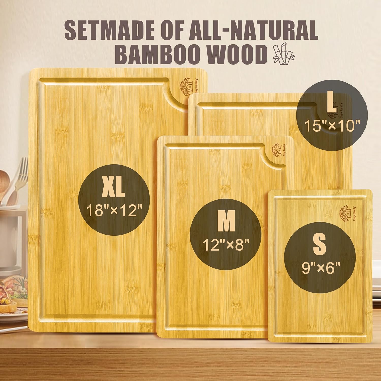 Cosy Family Wood Cutting Boards for Kitchen - Set of 4 - Bamboo Cutting Boards with Juice Groove, Serving Board Set, Thick Chopping Board for Meat, Veggies, Easy to clean - Grand Goldman