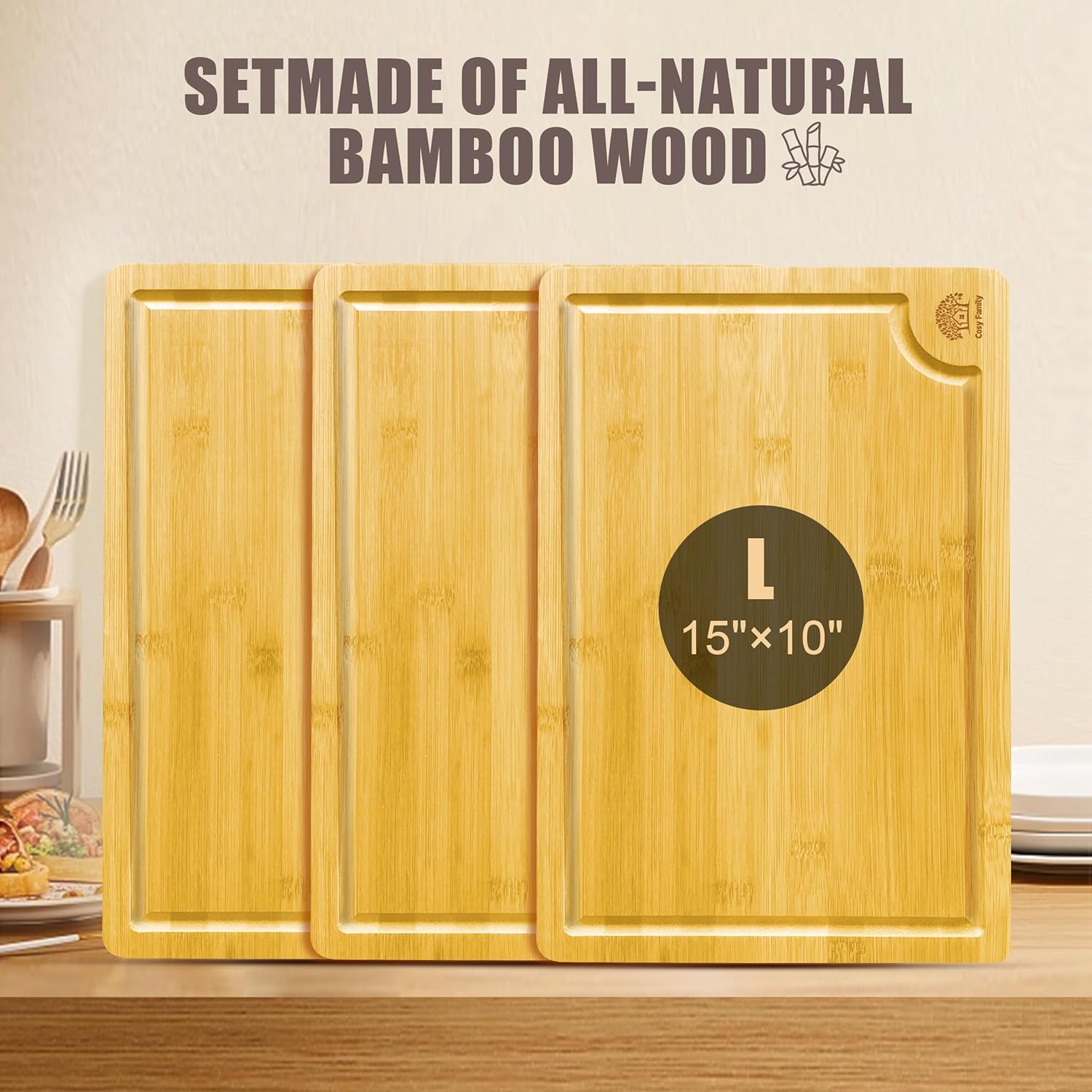 Cosy Family Wood Cutting Boards for Kitchen - Set of 4 - Bamboo Cutting Boards with Juice Groove, Serving Board Set, Thick Chopping Board for Meat, Veggies, Easy to clean - Grand Goldman