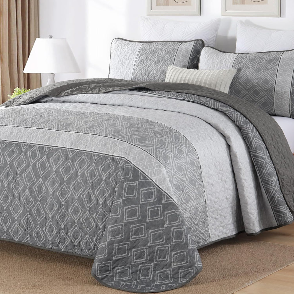 Cottolester Teal Quilt Set Queen Size,Striped Plaid Bedspread,Blue Boho Bedding Set Soft Microfiber Quilt with 2 Pillow Shams 96"x90" - Grand Goldman