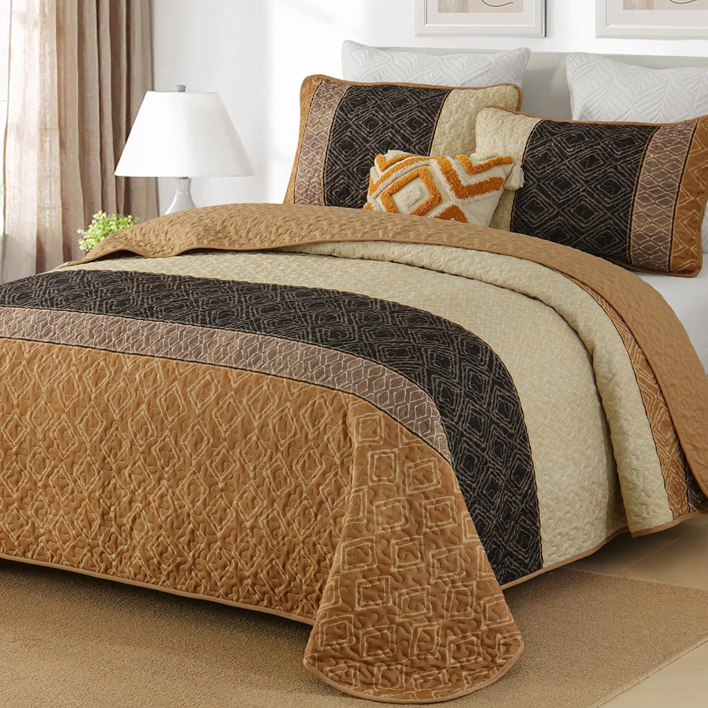 Cottolester Teal Quilt Set Queen Size,Striped Plaid Bedspread,Blue Boho Bedding Set Soft Microfiber Quilt with 2 Pillow Shams 96"x90" - Grand Goldman