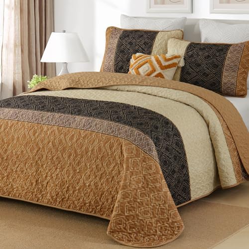 Cottolester Teal Quilt Set Queen Size,Striped Plaid Bedspread,Blue Boho Bedding Set Soft Microfiber Quilt with 2 Pillow Shams 96"x90" - Grand Goldman