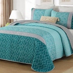 Cottolester Teal Quilt Set Queen Size,Striped Plaid Bedspread,Blue Boho Bedding Set Soft Microfiber Quilt with 2 Pillow Shams 96"x90" - Grand Goldman