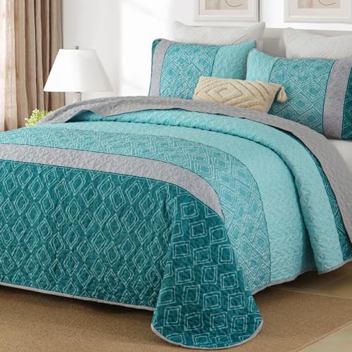 Cottolester Teal Quilt Set Queen Size,Striped Plaid Bedspread,Blue Boho Bedding Set Soft Microfiber Quilt with 2 Pillow Shams 96"x90" - Grand Goldman