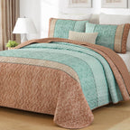 Cottolester Teal Quilt Set Queen Size,Striped Plaid Bedspread,Blue Boho Bedding Set Soft Microfiber Quilt with 2 Pillow Shams 96"x90" - Grand Goldman