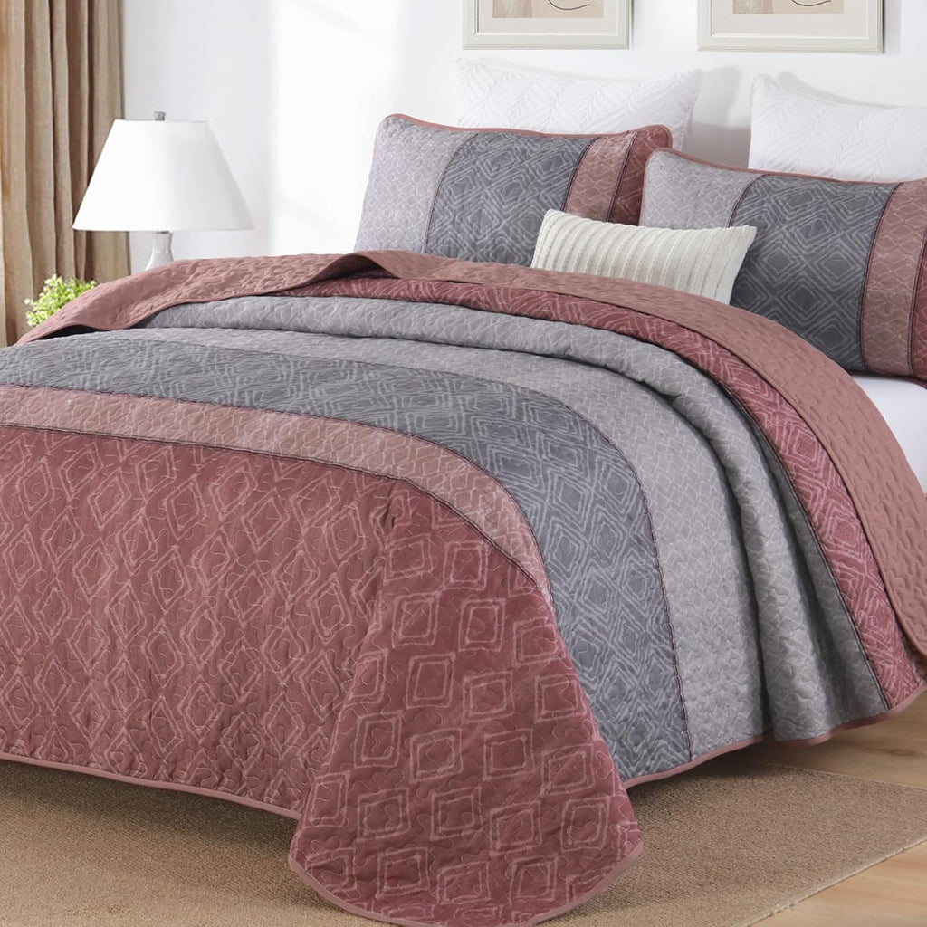 Cottolester Teal Quilt Set Queen Size,Striped Plaid Bedspread,Blue Boho Bedding Set Soft Microfiber Quilt with 2 Pillow Shams 96"x90" - Grand Goldman