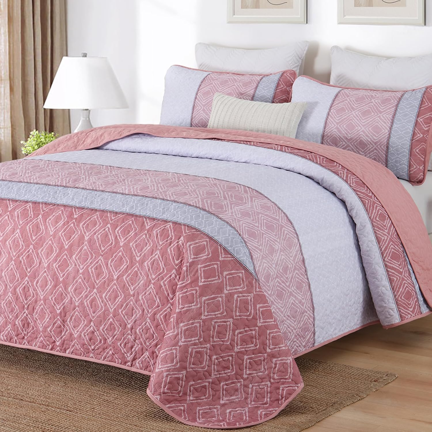 Cottolester Teal Quilt Set Queen Size,Striped Plaid Bedspread,Blue Boho Bedding Set Soft Microfiber Quilt with 2 Pillow Shams 96"x90" - Grand Goldman