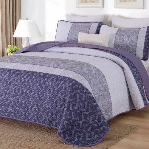 Cottolester Teal Quilt Set Queen Size,Striped Plaid Bedspread,Blue Boho Bedding Set Soft Microfiber Quilt with 2 Pillow Shams 96"x90" - Grand Goldman