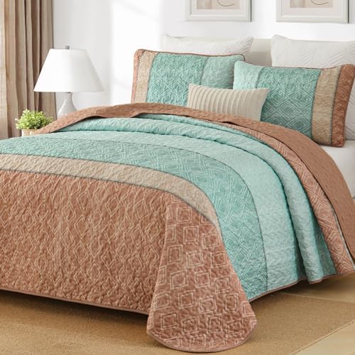 Cottolester Teal Quilt Set Queen Size,Striped Plaid Bedspread,Blue Boho Bedding Set Soft Microfiber Quilt with 2 Pillow Shams 96"x90" - Grand Goldman