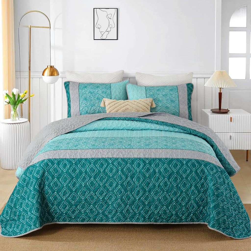 Cottolester Teal Quilt Set Queen Size,Striped Plaid Bedspread,Blue Boho Bedding Set Soft Microfiber Quilt with 2 Pillow Shams 96"x90" - Grand Goldman