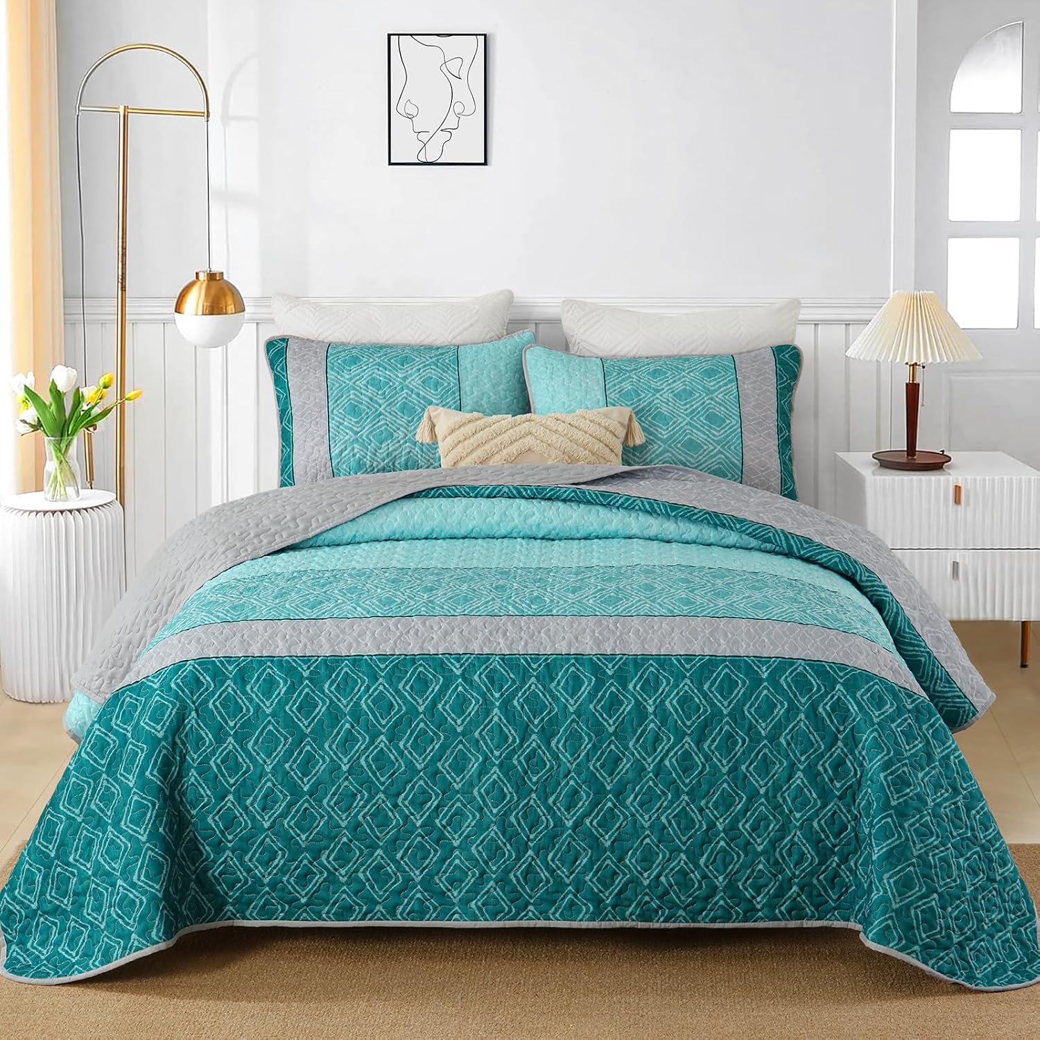 Cottolester Teal Quilt Set Queen Size,Striped Plaid Bedspread,Blue Boho Bedding Set Soft Microfiber Quilt with 2 Pillow Shams 96"x90" - Grand Goldman