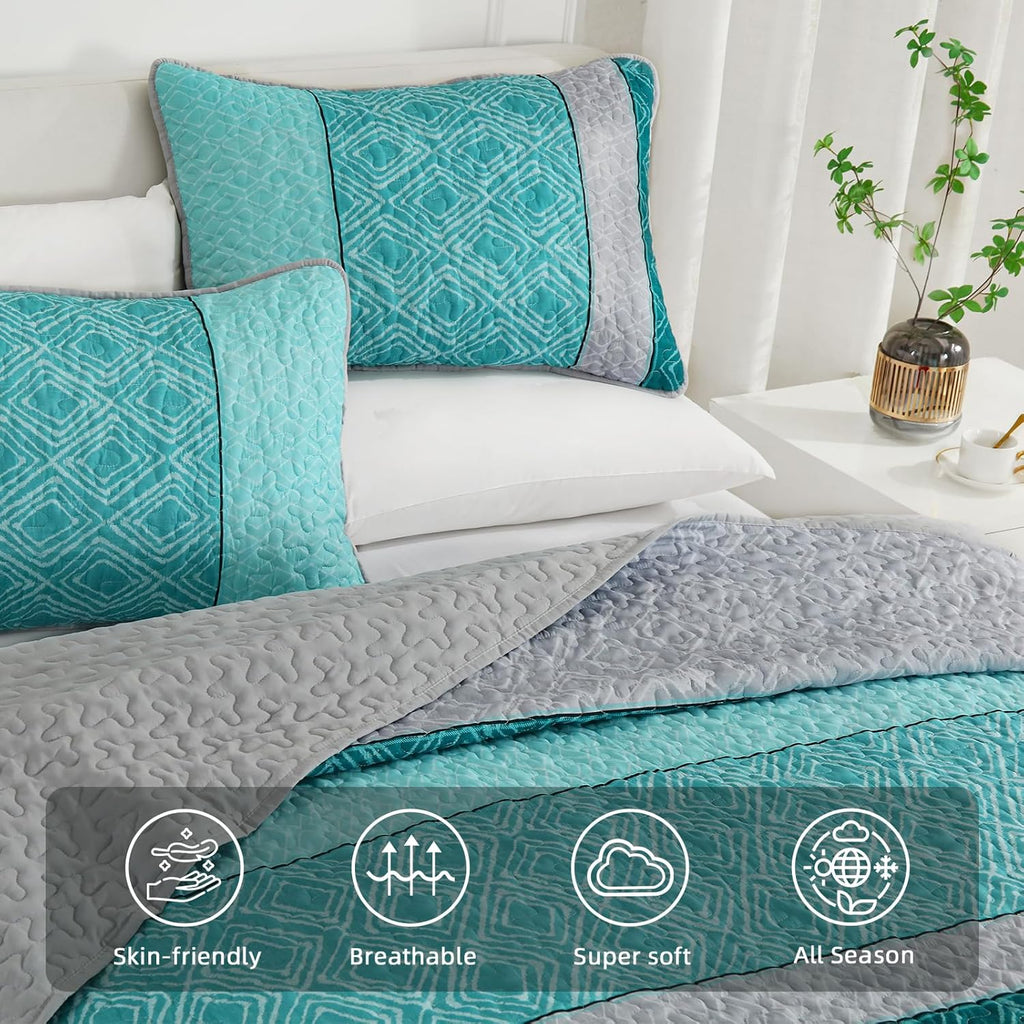 Cottolester Teal Quilt Set Queen Size,Striped Plaid Bedspread,Blue Boho Bedding Set Soft Microfiber Quilt with 2 Pillow Shams 96"x90" - Grand Goldman