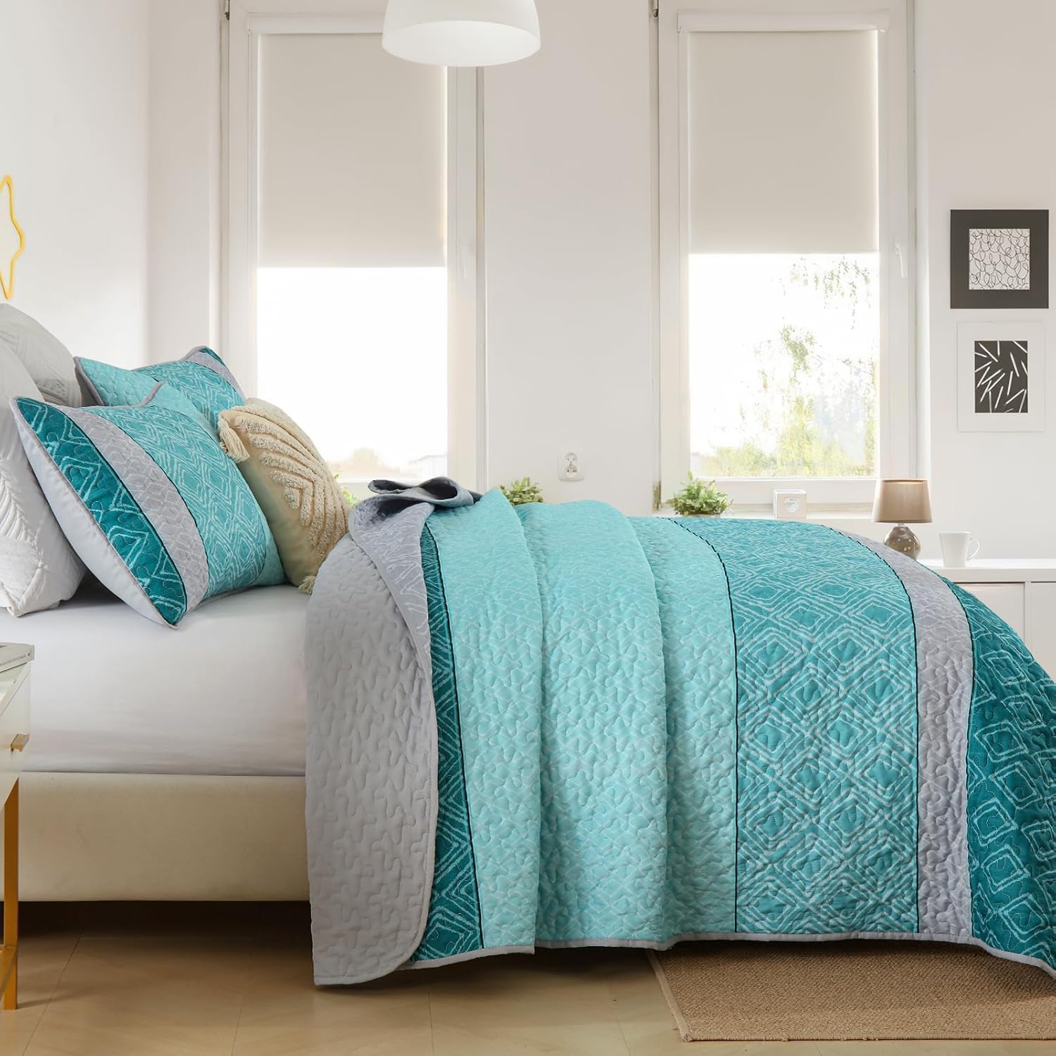 Cottolester Teal Quilt Set Queen Size,Striped Plaid Bedspread,Blue Boho Bedding Set Soft Microfiber Quilt with 2 Pillow Shams 96"x90" - Grand Goldman