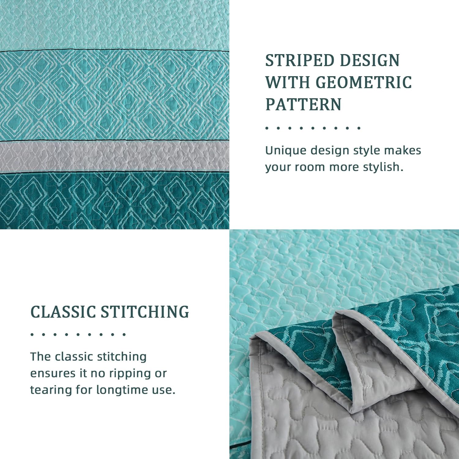 Cottolester Teal Quilt Set Queen Size,Striped Plaid Bedspread,Blue Boho Bedding Set Soft Microfiber Quilt with 2 Pillow Shams 96"x90" - Grand Goldman