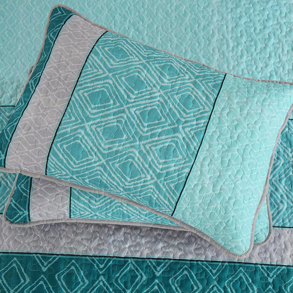 Cottolester Teal Quilt Set Queen Size,Striped Plaid Bedspread,Blue Boho Bedding Set Soft Microfiber Quilt with 2 Pillow Shams 96"x90" - Grand Goldman