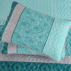 Cottolester Teal Quilt Set Queen Size,Striped Plaid Bedspread,Blue Boho Bedding Set Soft Microfiber Quilt with 2 Pillow Shams 96"x90" - Grand Goldman