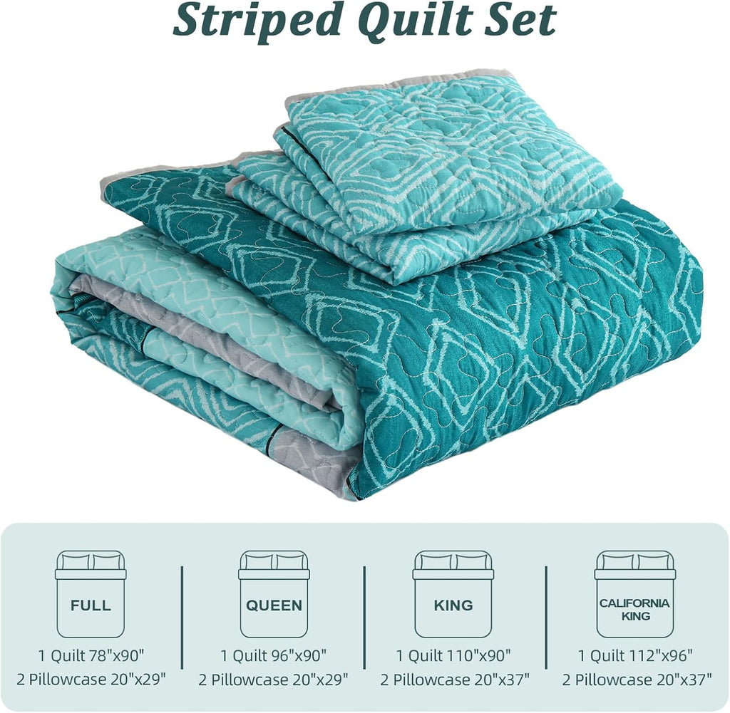 Cottolester Teal Quilt Set Queen Size,Striped Plaid Bedspread,Blue Boho Bedding Set Soft Microfiber Quilt with 2 Pillow Shams 96"x90" - Grand Goldman