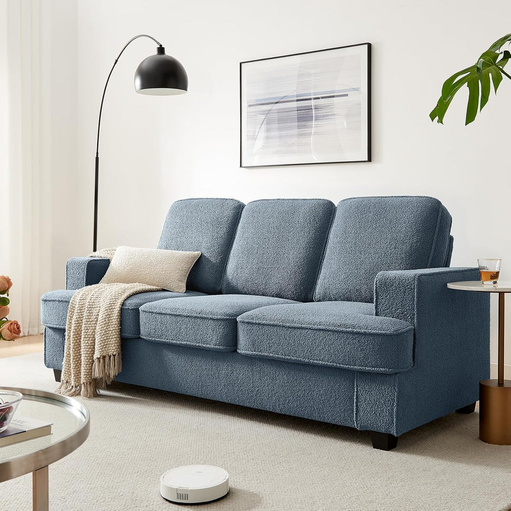 Couches for Living Room, 82” Cozy Teddy Fleece Couch Sofa for Living Room/Bedroom/Office/Apartment, Sofa Bed for Small Spaces, Removable Futon Couch Cover, Easy Assembly, Beige - Grand Goldman