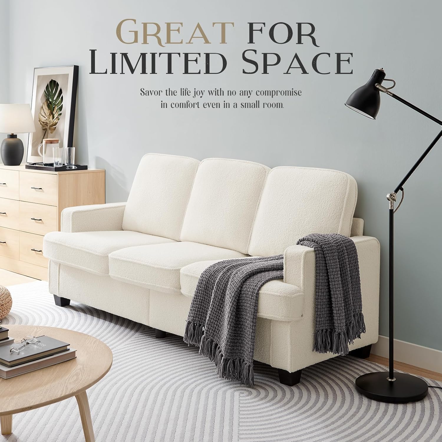 Couches for Living Room, 82” Cozy Teddy Fleece Couch Sofa for Living Room/Bedroom/Office/Apartment, Sofa Bed for Small Spaces, Removable Futon Couch Cover, Easy Assembly, Beige - Grand Goldman