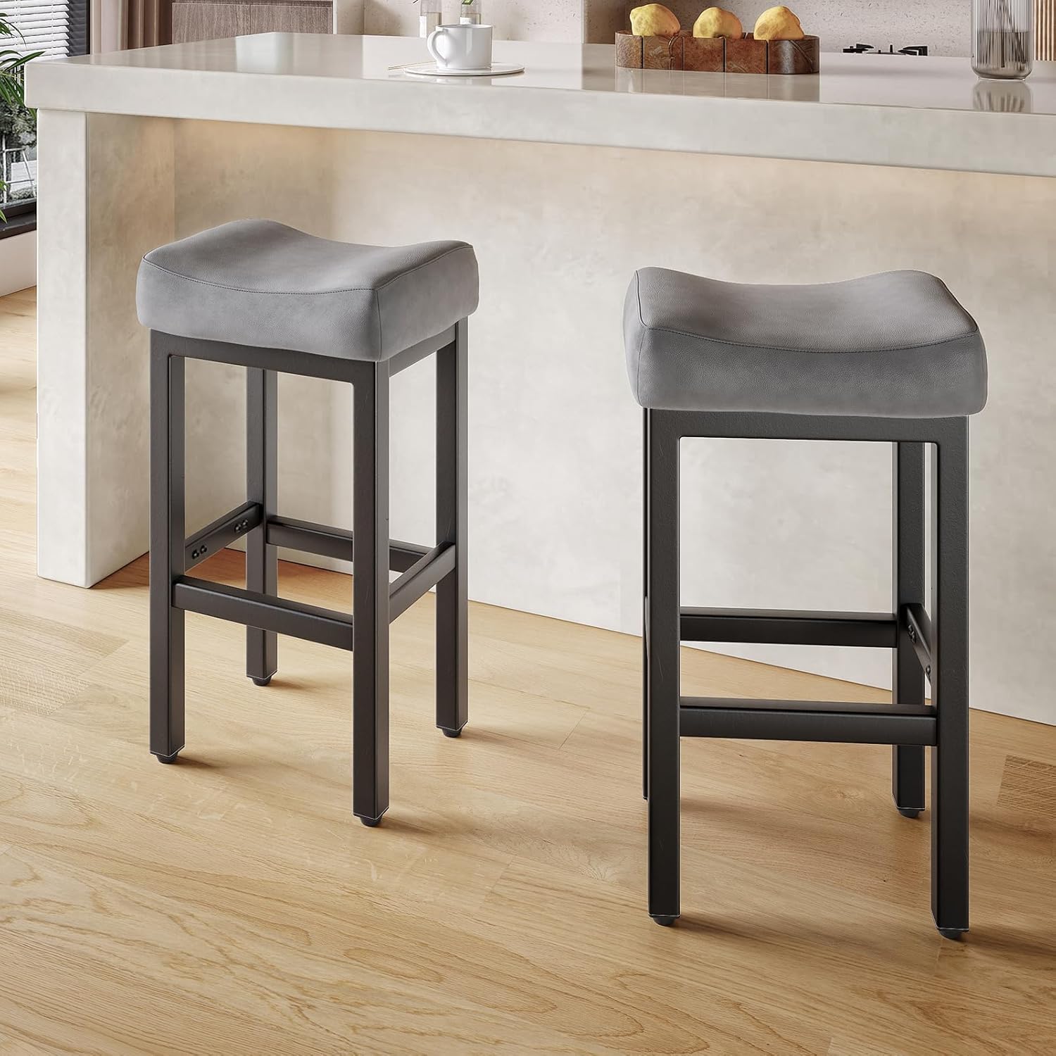 Counter Height Bar Stools Set of 2, 24 Inch Barstools for Kitchen Island Counter, Bonded Leather Kitchen Stools with Thick Saddle Seats & Heavy Duty Metal Base, Easy Assembly, All Black - Grand Goldman