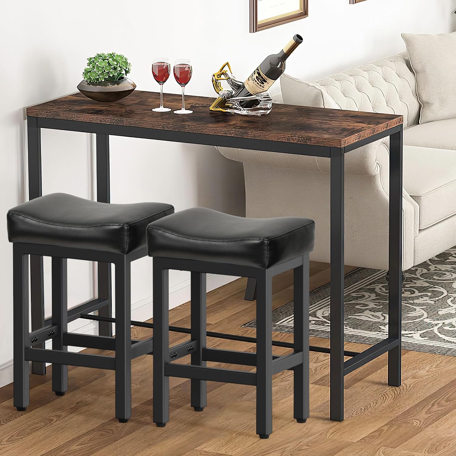 Counter Height Bar Stools Set of 2, 24 Inch Barstools for Kitchen Island Counter, Bonded Leather Kitchen Stools with Thick Saddle Seats & Heavy Duty Metal Base, Easy Assembly, All Black - Grand Goldman