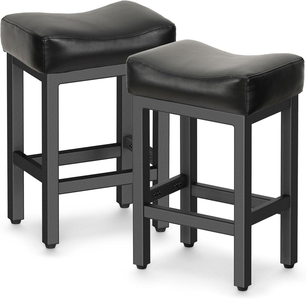 Counter Height Bar Stools Set of 2, 24 Inch Barstools for Kitchen Island Counter, Bonded Leather Kitchen Stools with Thick Saddle Seats & Heavy Duty Metal Base, Easy Assembly, All Black - Grand Goldman
