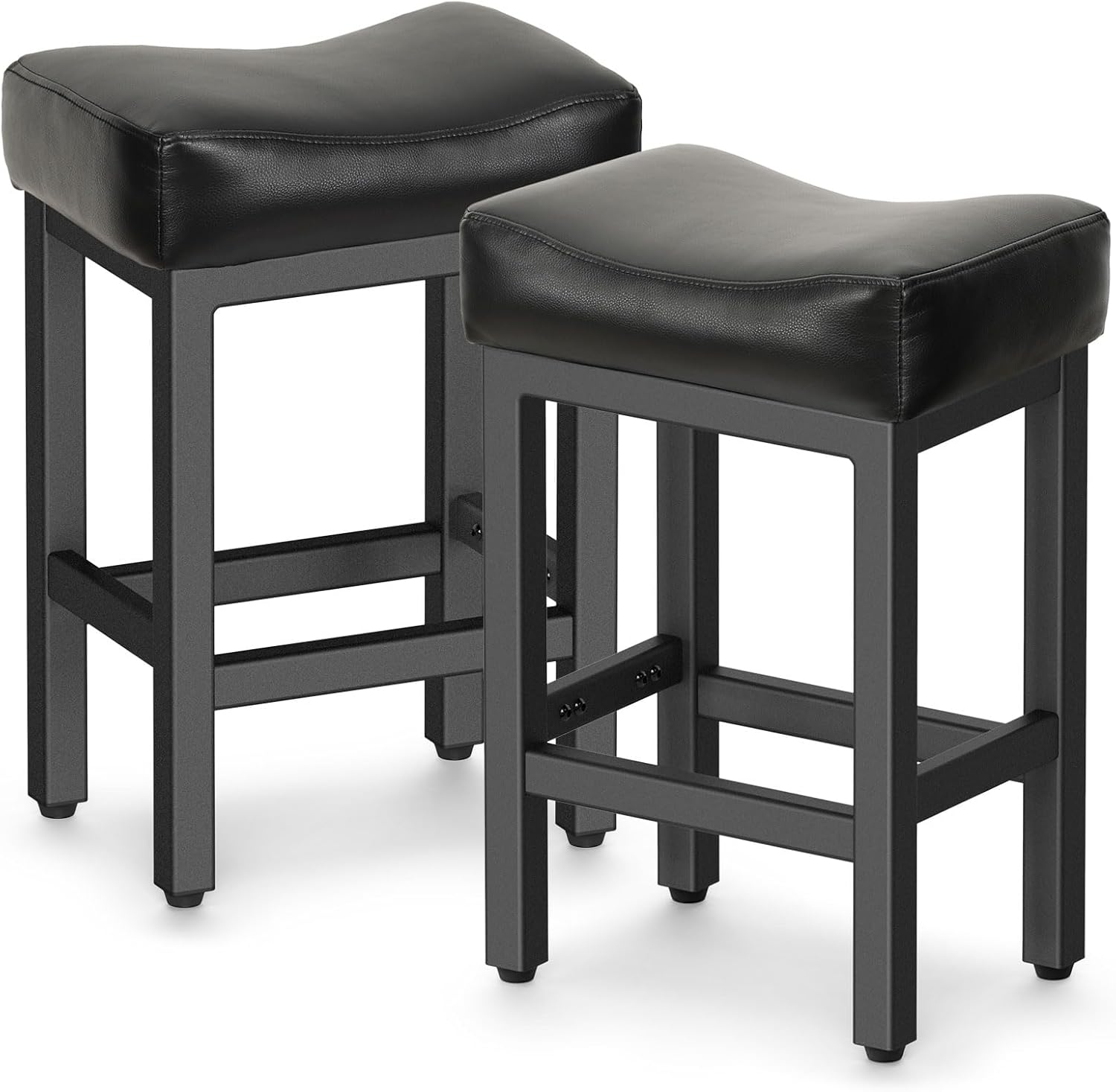 Counter Height Bar Stools Set of 2, 24 Inch Barstools for Kitchen Island Counter, Bonded Leather Kitchen Stools with Thick Saddle Seats & Heavy Duty Metal Base, Easy Assembly, All Black - Grand Goldman