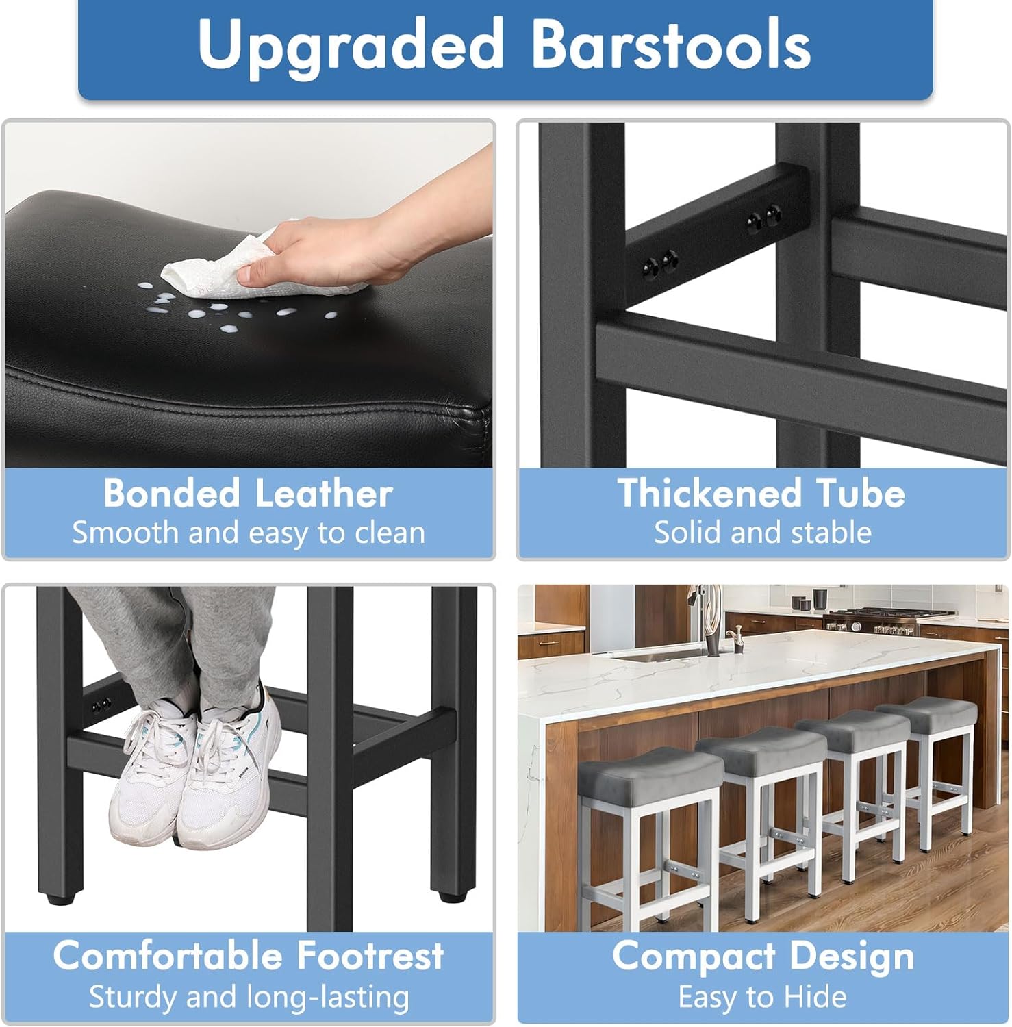 Counter Height Bar Stools Set of 2, 24 Inch Barstools for Kitchen Island Counter, Bonded Leather Kitchen Stools with Thick Saddle Seats & Heavy Duty Metal Base, Easy Assembly, All Black - Grand Goldman