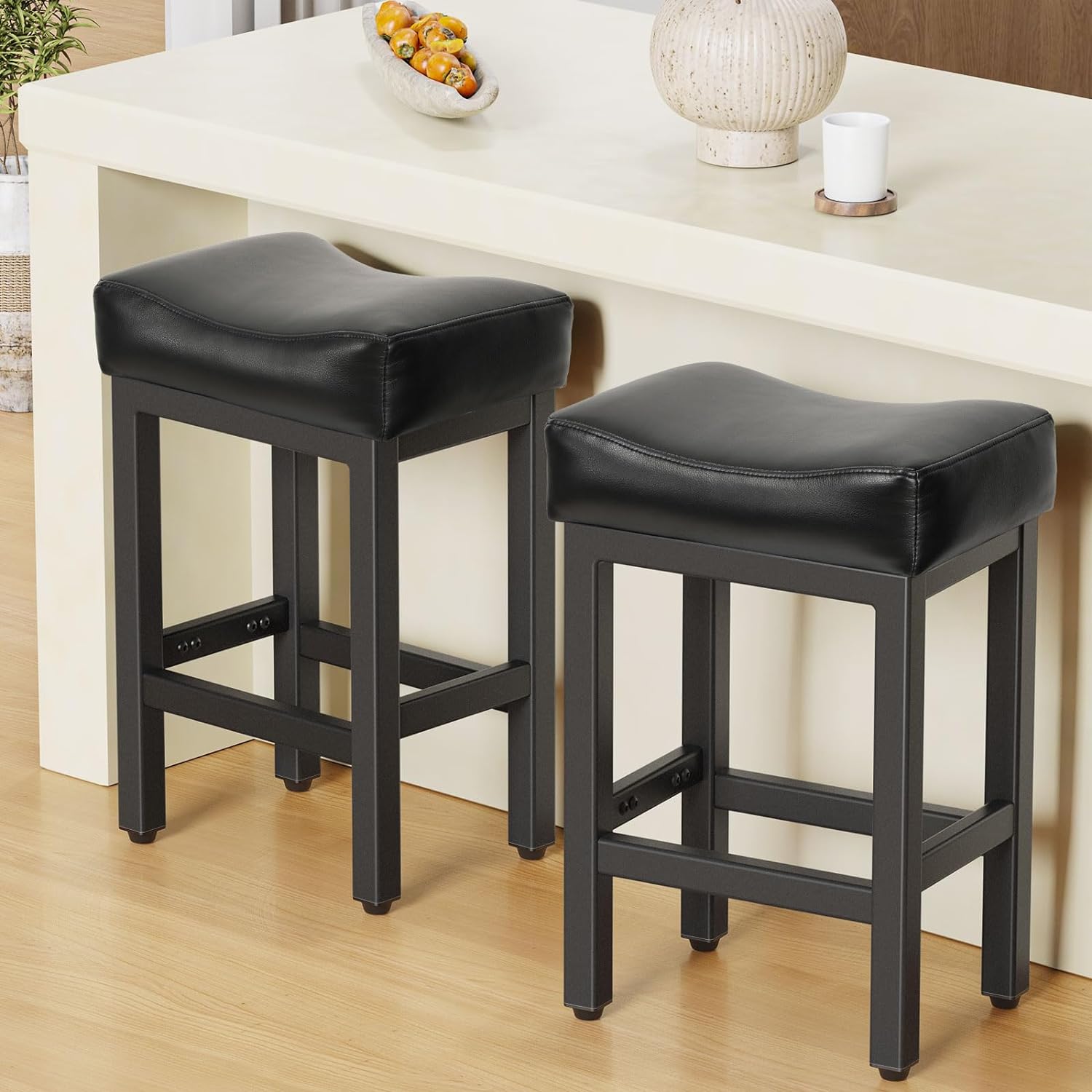 Counter Height Bar Stools Set of 2, 24 Inch Barstools for Kitchen Island Counter, Bonded Leather Kitchen Stools with Thick Saddle Seats & Heavy Duty Metal Base, Easy Assembly, All Black - Grand Goldman