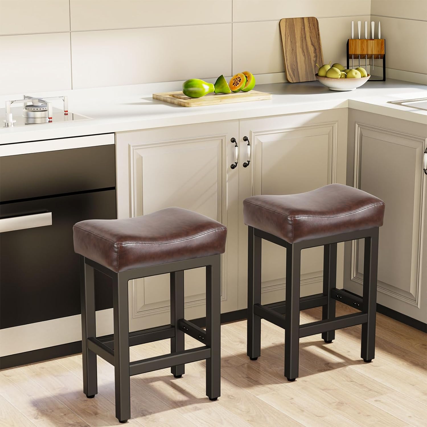 Counter Height Bar Stools Set of 2, 24 Inch Barstools for Kitchen Island Counter, Bonded Leather Kitchen Stools with Thick Saddle Seats & Heavy Duty Metal Base, Easy Assembly, All Black - Grand Goldman