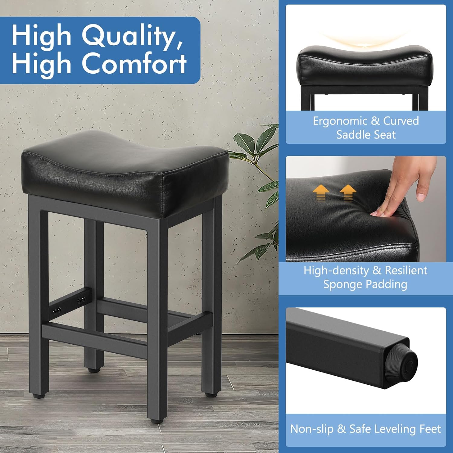 Counter Height Bar Stools Set of 2, 24 Inch Barstools for Kitchen Island Counter, Bonded Leather Kitchen Stools with Thick Saddle Seats & Heavy Duty Metal Base, Easy Assembly, All Black - Grand Goldman