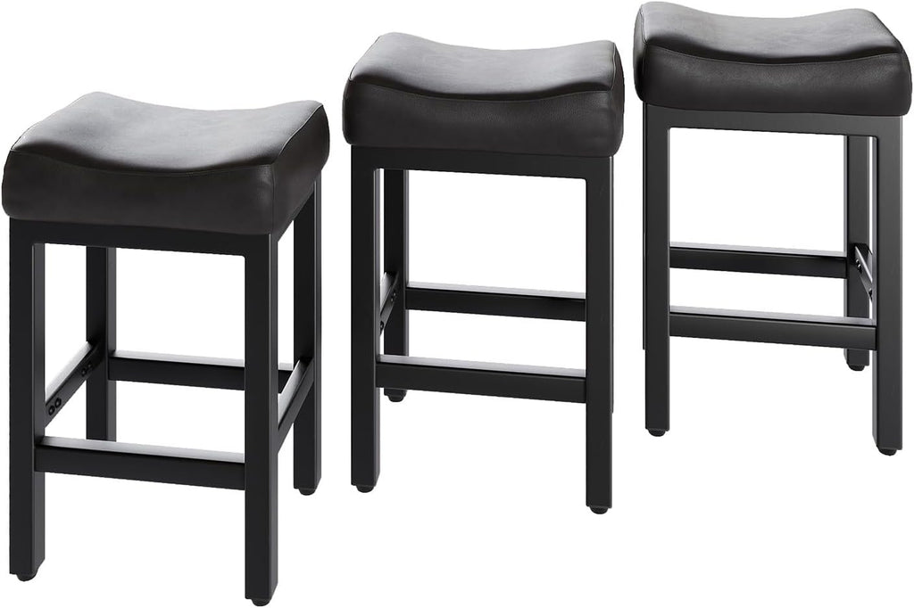 Counter Height Bar Stools Set of 2, 24 Inch Barstools for Kitchen Island Counter, Bonded Leather Kitchen Stools with Thick Saddle Seats & Heavy Duty Metal Base, Easy Assembly, All Black - Grand Goldman