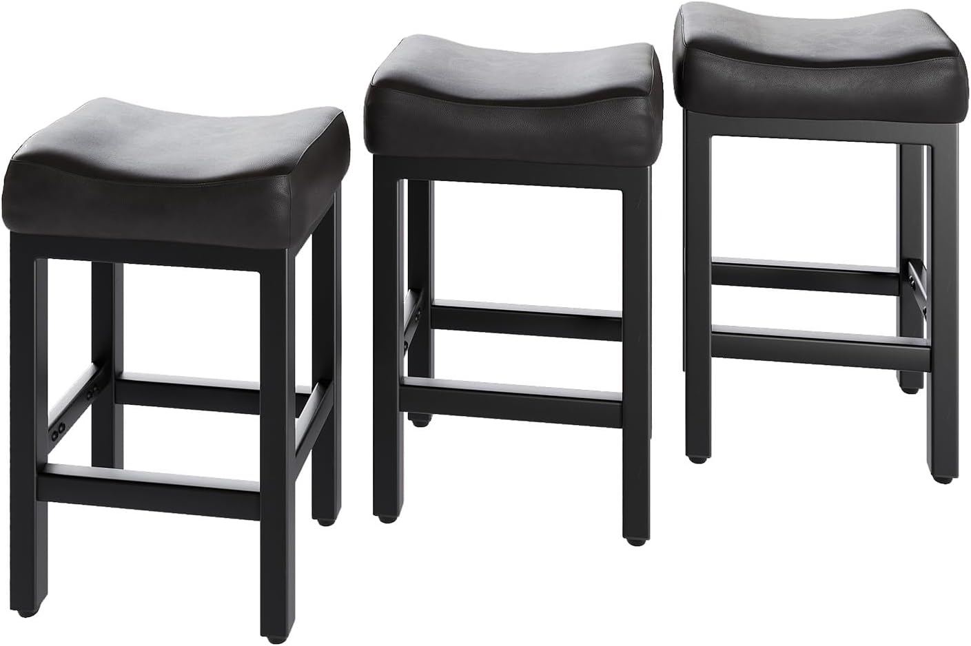 Counter Height Bar Stools Set of 2, 24 Inch Barstools for Kitchen Island Counter, Bonded Leather Kitchen Stools with Thick Saddle Seats & Heavy Duty Metal Base, Easy Assembly, All Black - Grand Goldman