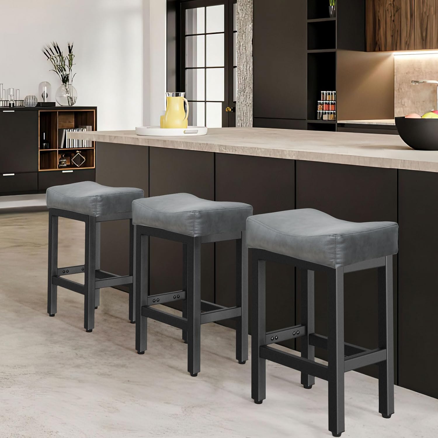 Counter Height Bar Stools Set of 2, 24 Inch Barstools for Kitchen Island Counter, Bonded Leather Kitchen Stools with Thick Saddle Seats & Heavy Duty Metal Base, Easy Assembly, All Black - Grand Goldman