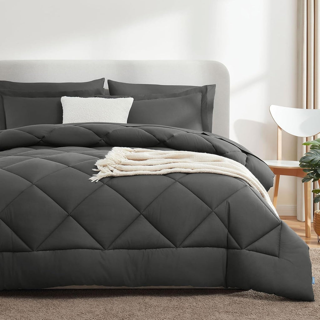 CozyLux Queen Bed in a Bag 7-Pieces Comforter Sets with Comforter and Sheets Dark Grey All Season Bedding Sets with Comforter, Pillow Shams, Flat Sheet, Fitted Sheet and Pillowcases - Grand Goldman