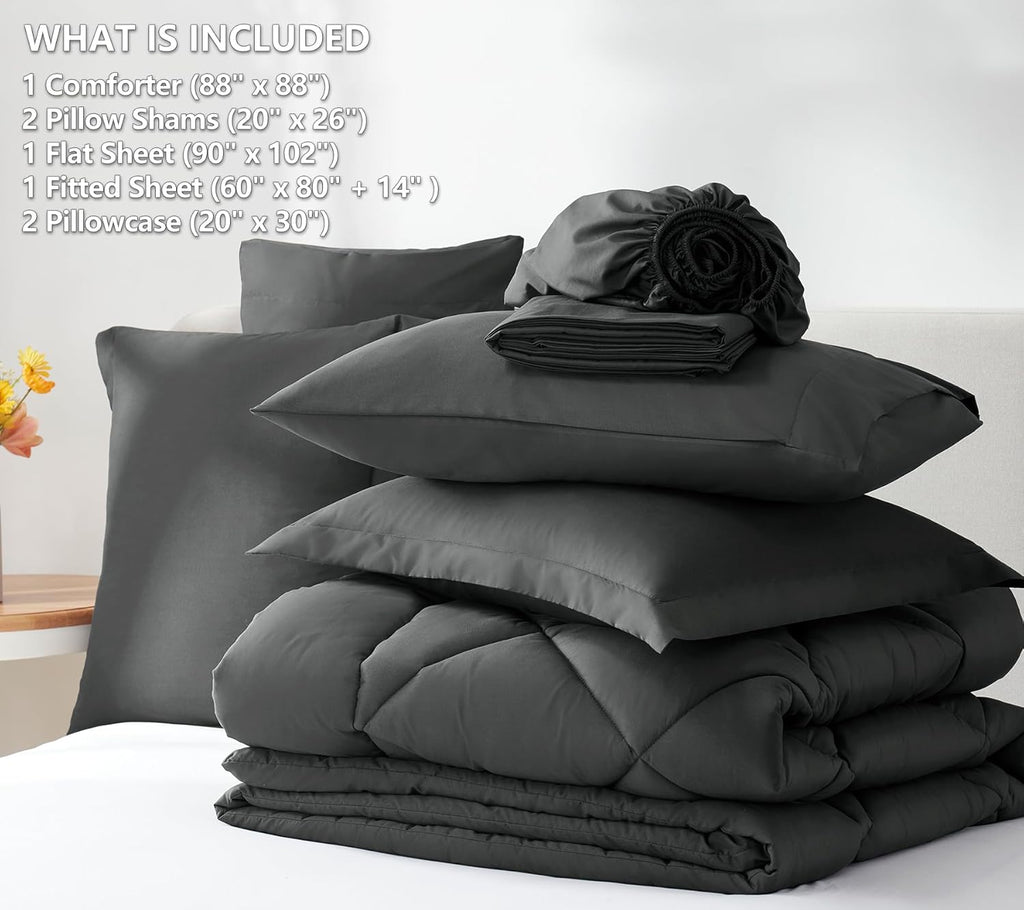 CozyLux Queen Bed in a Bag 7-Pieces Comforter Sets with Comforter and Sheets Dark Grey All Season Bedding Sets with Comforter, Pillow Shams, Flat Sheet, Fitted Sheet and Pillowcases - Grand Goldman