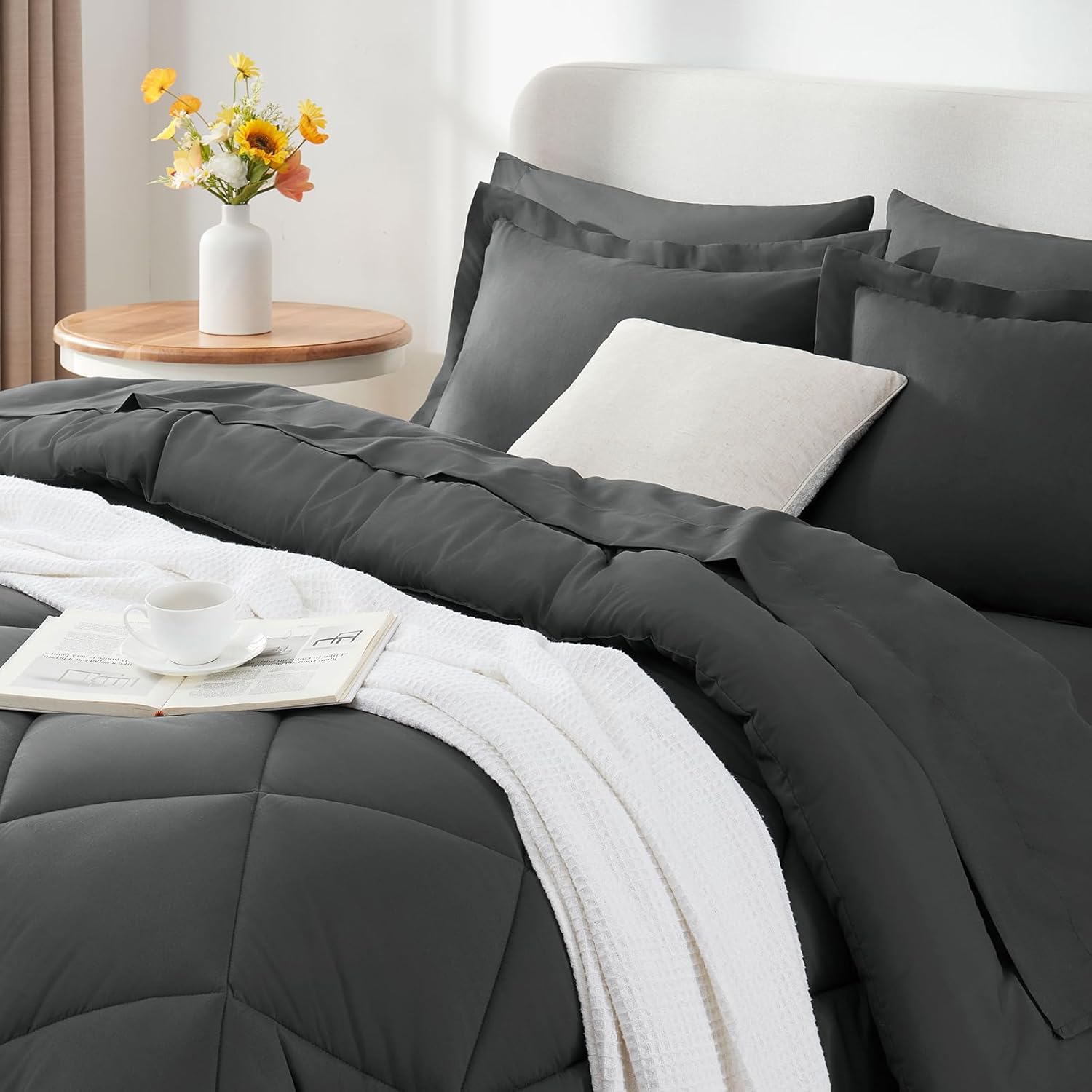 CozyLux Queen Bed in a Bag 7-Pieces Comforter Sets with Comforter and Sheets Dark Grey All Season Bedding Sets with Comforter, Pillow Shams, Flat Sheet, Fitted Sheet and Pillowcases - Grand Goldman