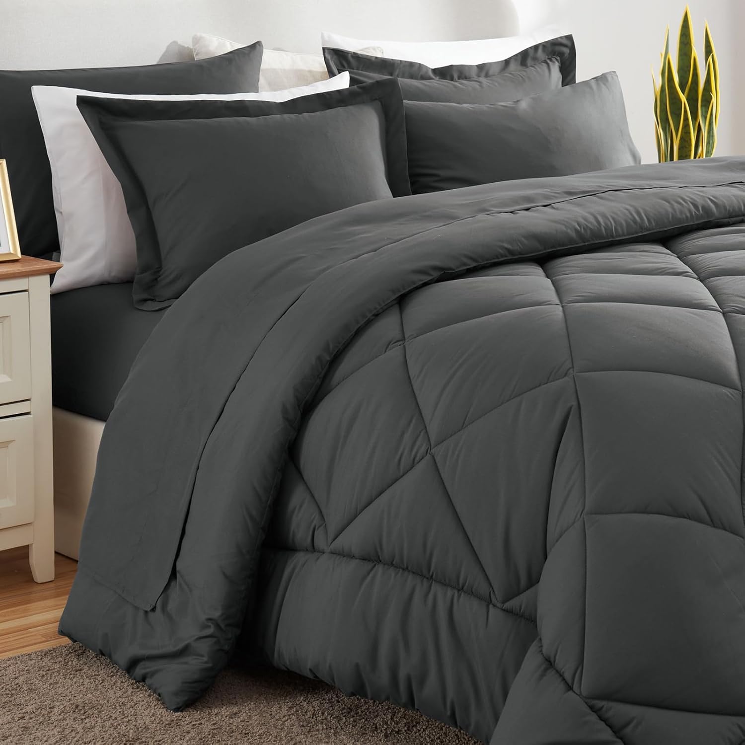 CozyLux Queen Bed in a Bag 7-Pieces Comforter Sets with Comforter and Sheets Dark Grey All Season Bedding Sets with Comforter, Pillow Shams, Flat Sheet, Fitted Sheet and Pillowcases - Grand Goldman