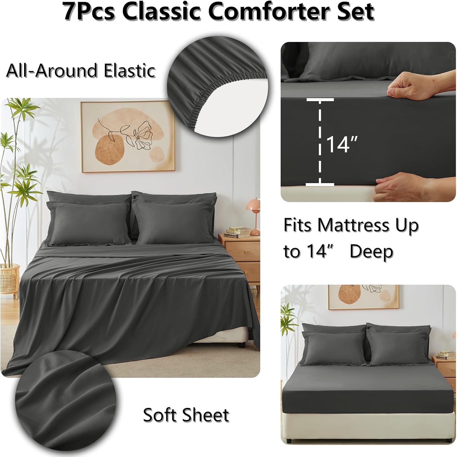 CozyLux Queen Bed in a Bag 7-Pieces Comforter Sets with Comforter and Sheets Dark Grey All Season Bedding Sets with Comforter, Pillow Shams, Flat Sheet, Fitted Sheet and Pillowcases - Grand Goldman