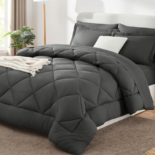 CozyLux Queen Bed in a Bag 7-Pieces Comforter Sets with Comforter and Sheets Dark Grey All Season Bedding Sets with Comforter, Pillow Shams, Flat Sheet, Fitted Sheet and Pillowcases - Grand Goldman