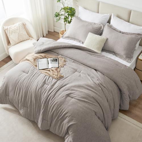 CozyLux Queen Comforter Set - 3 Pieces Light Grey Soft Luxury Cationic Dyeing Queen Comforter for All Season, Light Gray Breathable Lightweight Fluffy Bedding Sets with 1 Comforter and 2 Pillow Shams - Grand Goldman