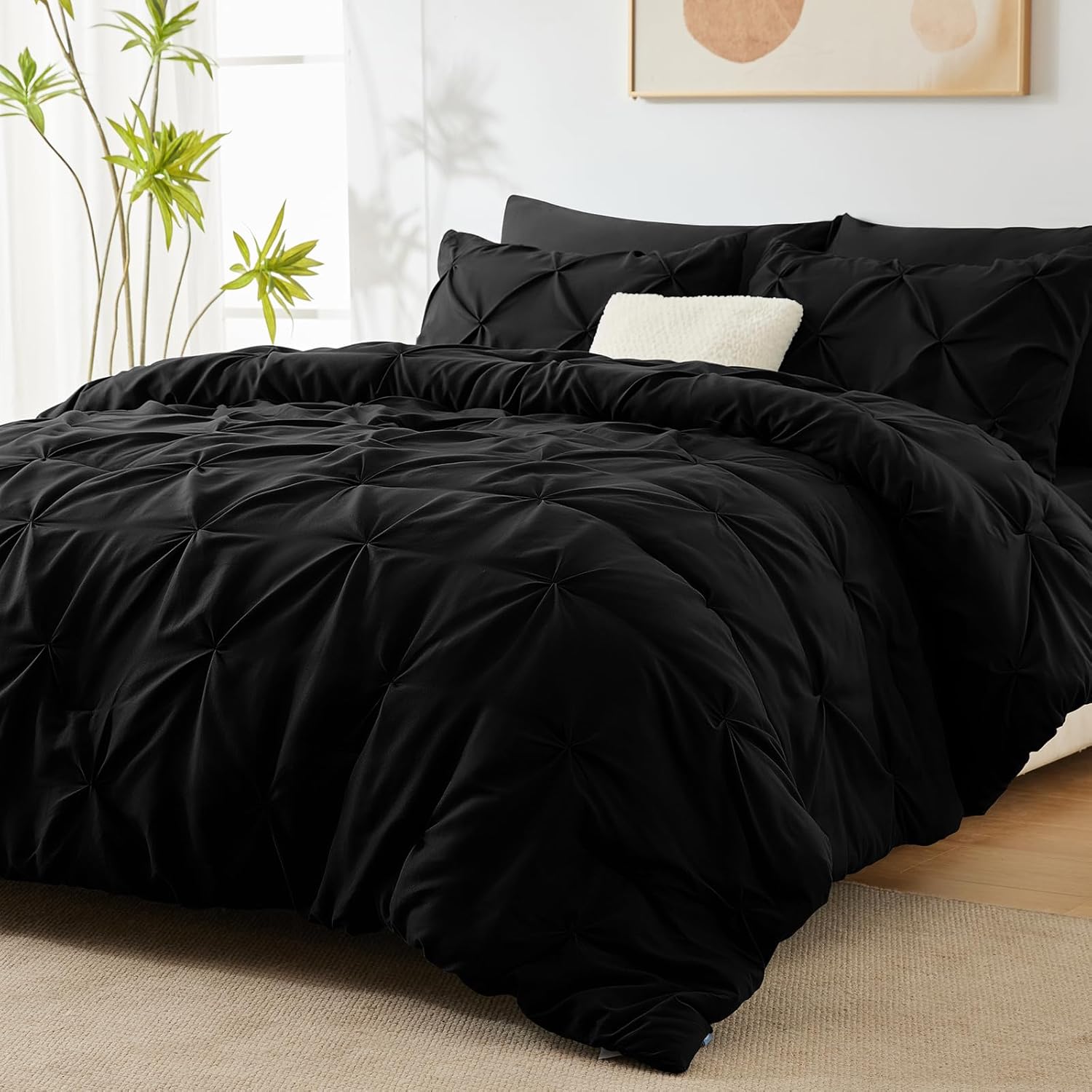 CozyLux Queen Comforter Set - 7 Pieces Bed in A Bag Queen Black Comforters Queen Size, Pintuck Pinch Pleat Complete Bedding Sets with Comforter, Flat Sheet, Fitted Sheet and Pillowcases & Shams - Grand Goldman