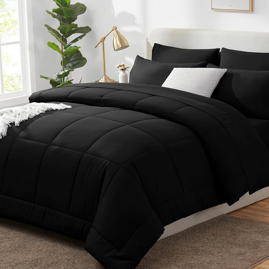 CozyLux Queen Comforter Set - 7 Pieces Bed in a Bag Set Black, Bedding Sets Queen with All Season Quilted Comforter, Flat Sheet, Fitted Sheet, Pillowcases, Black, Queen - Grand Goldman
