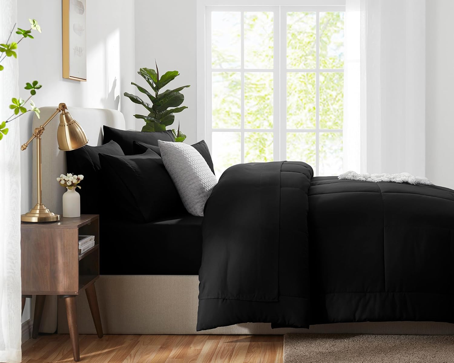 CozyLux Queen Comforter Set - 7 Pieces Bed in a Bag Set Black, Bedding Sets Queen with All Season Quilted Comforter, Flat Sheet, Fitted Sheet, Pillowcases, Black, Queen - Grand Goldman