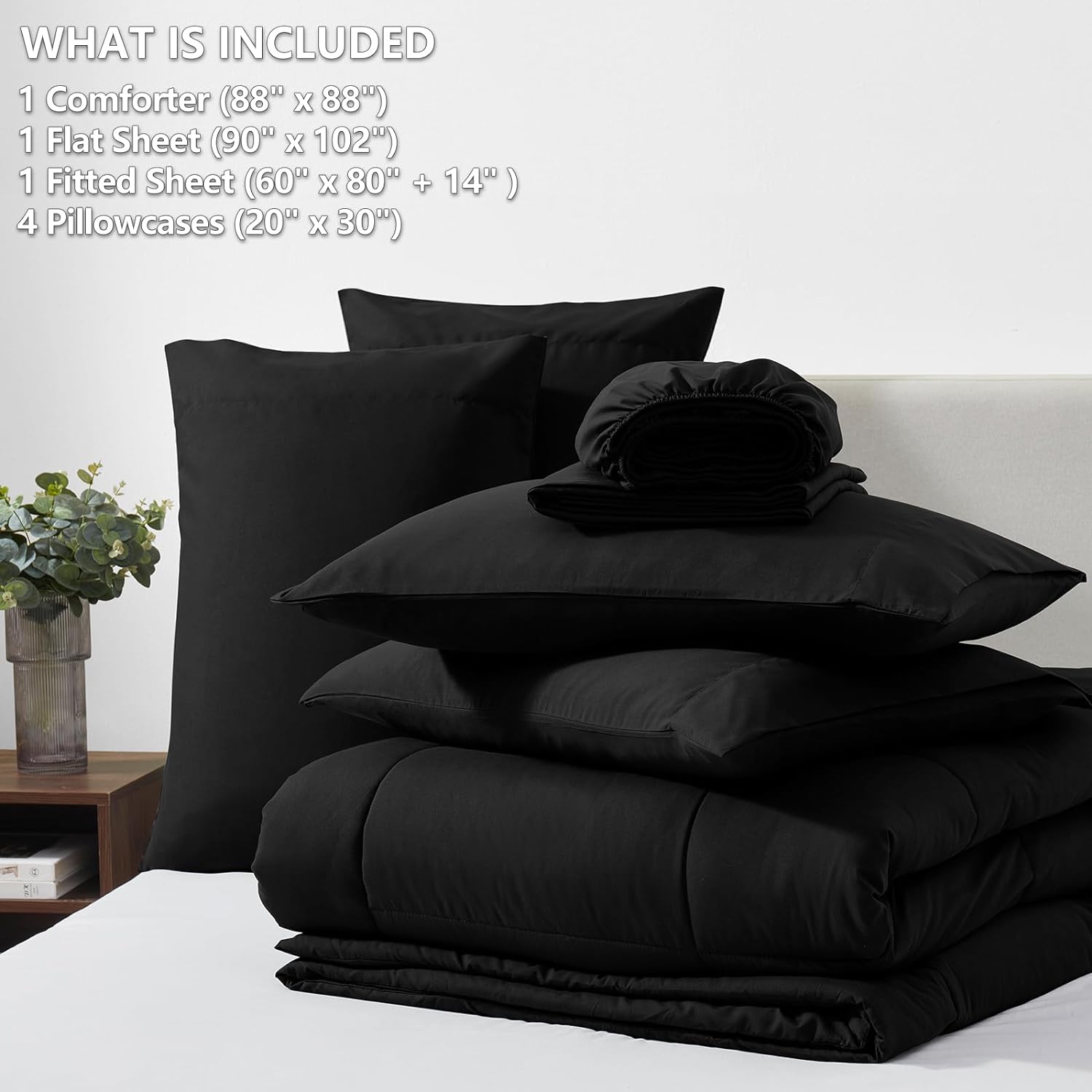 CozyLux Queen Comforter Set - 7 Pieces Bed in a Bag Set Black, Bedding Sets Queen with All Season Quilted Comforter, Flat Sheet, Fitted Sheet, Pillowcases, Black, Queen - Grand Goldman