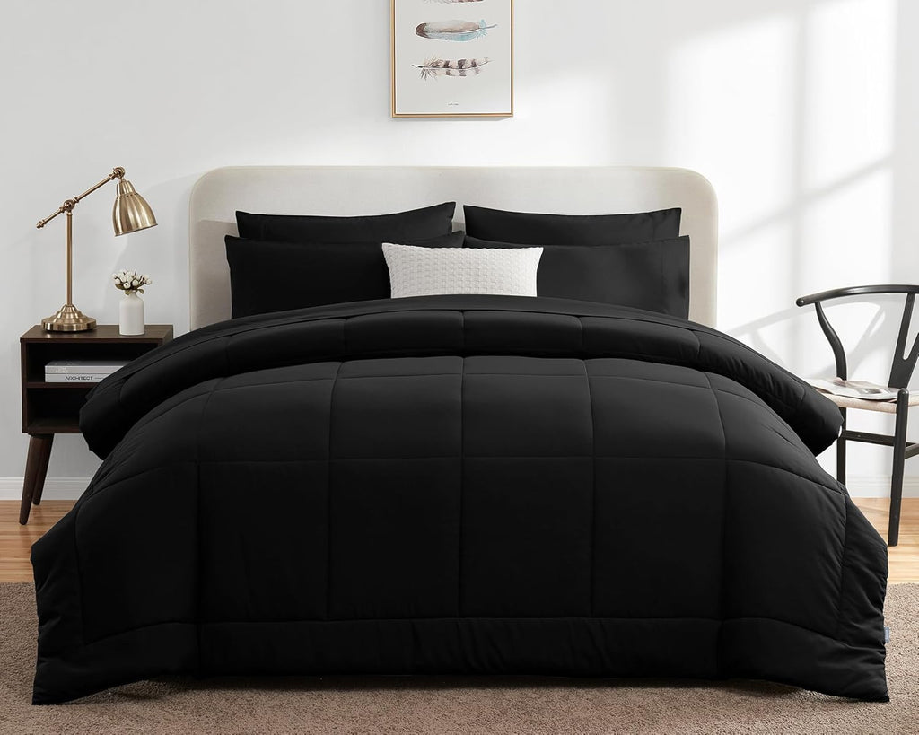 CozyLux Queen Comforter Set - 7 Pieces Bed in a Bag Set Black, Bedding Sets Queen with All Season Quilted Comforter, Flat Sheet, Fitted Sheet, Pillowcases, Black, Queen - Grand Goldman