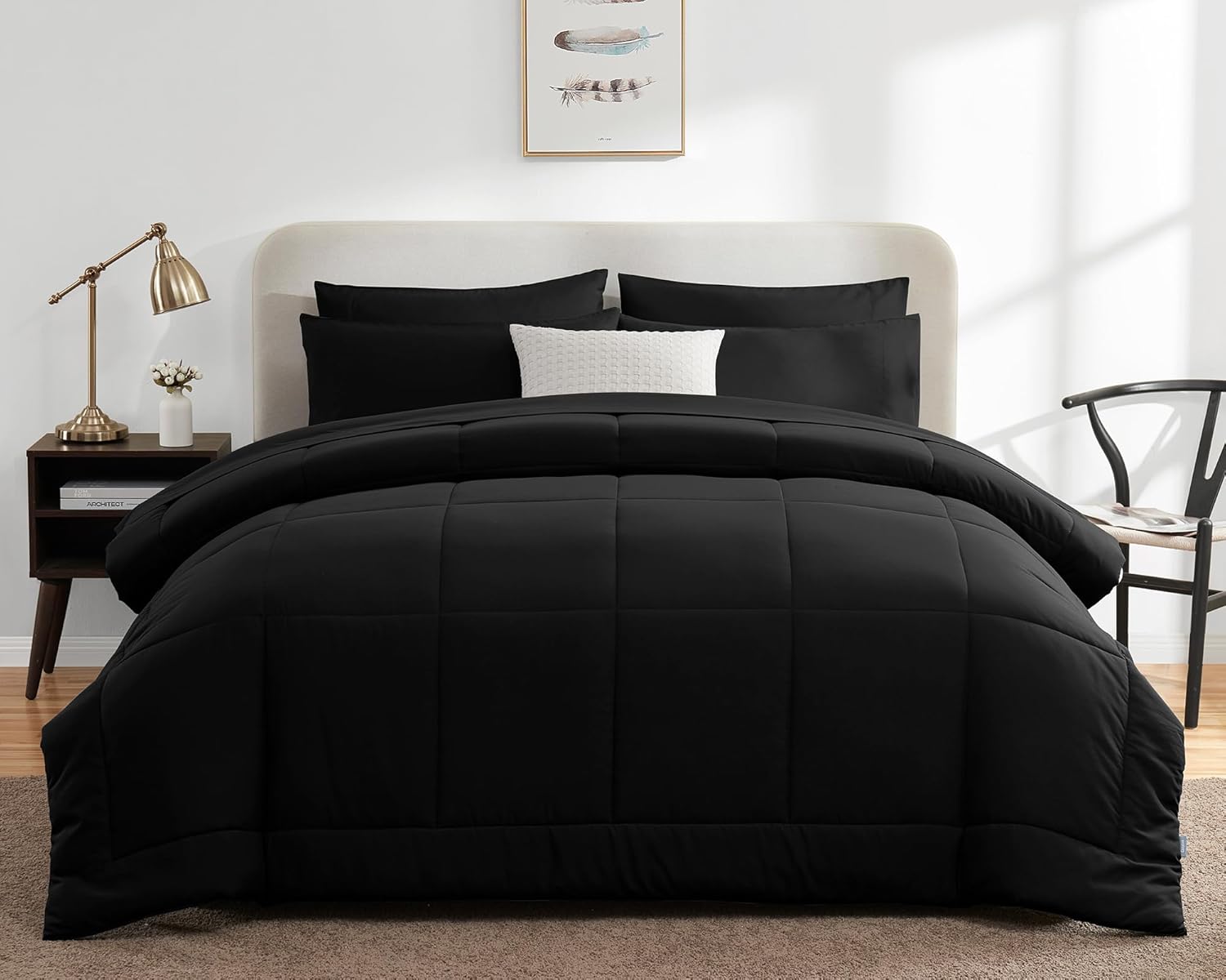 CozyLux Queen Comforter Set - 7 Pieces Bed in a Bag Set Black, Bedding Sets Queen with All Season Quilted Comforter, Flat Sheet, Fitted Sheet, Pillowcases, Black, Queen - Grand Goldman